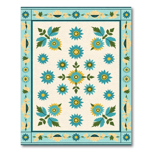 Teal Yellow Floral Garden Composition Rug