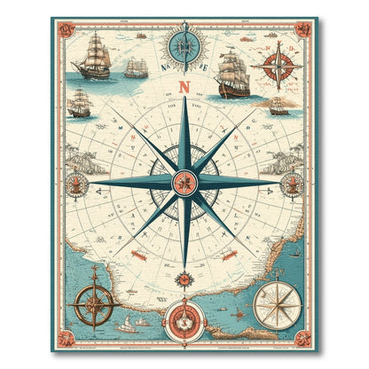 Vintage Nautical Compass Blue and Teal Area Rug