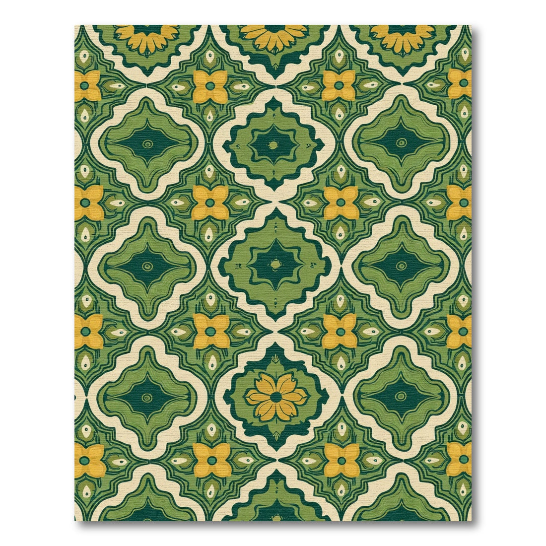 Retro Green Yellow Floral Quatrefoil Rug