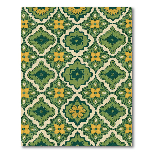 Retro Green Yellow Floral Quatrefoil Rug