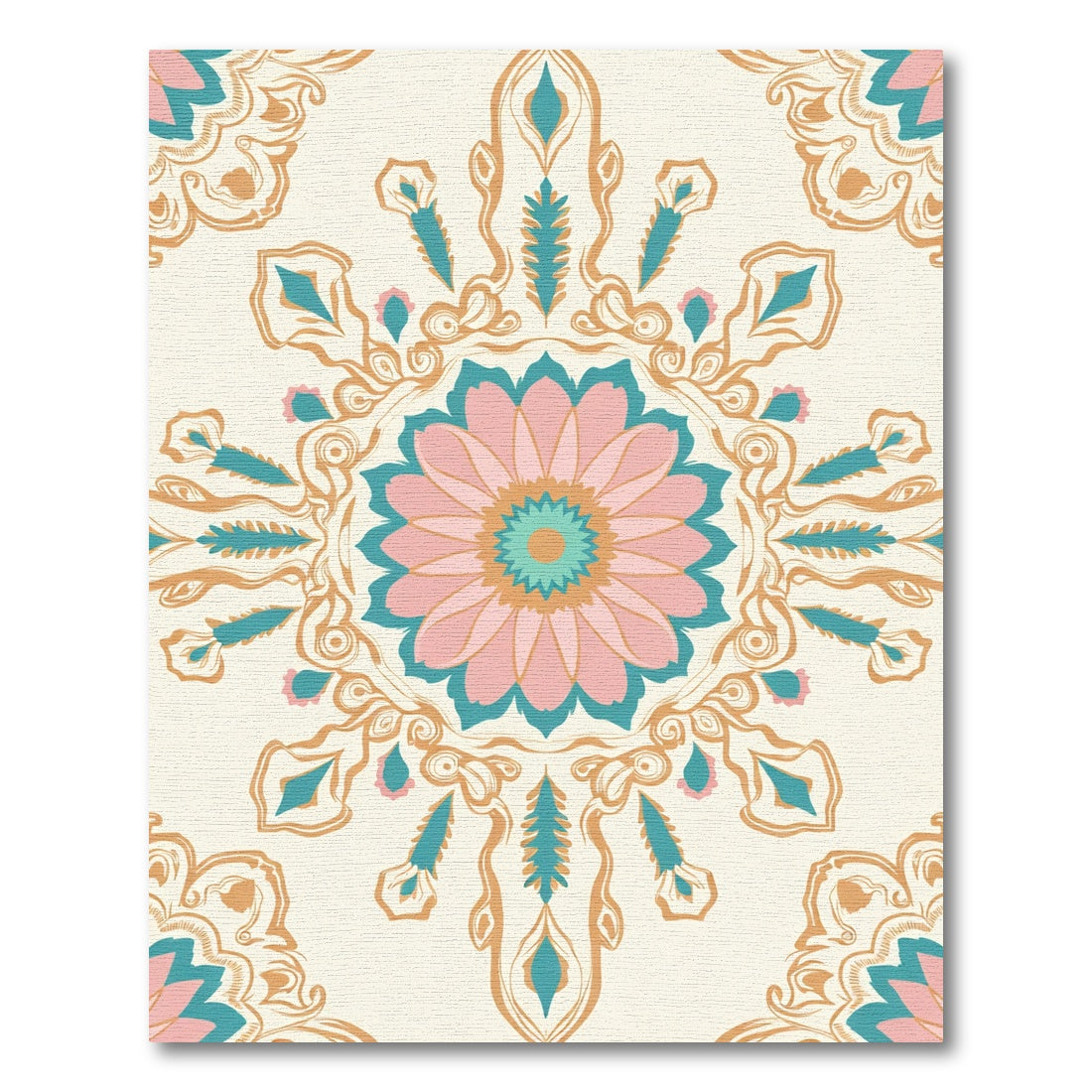 Pink Teal Golden Floral Medallion Rug