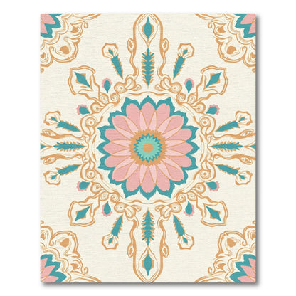 Pink Teal Golden Floral Medallion Rug