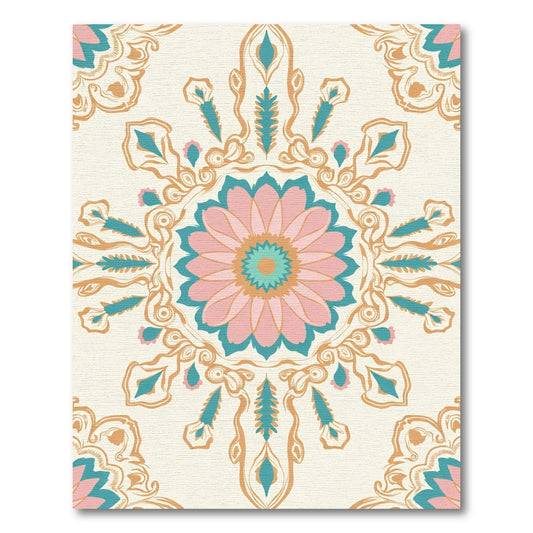 Pink Teal Golden Floral Medallion Rug
