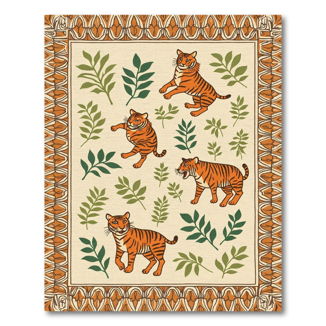 Orange Tigers Green Foliage Border Rug