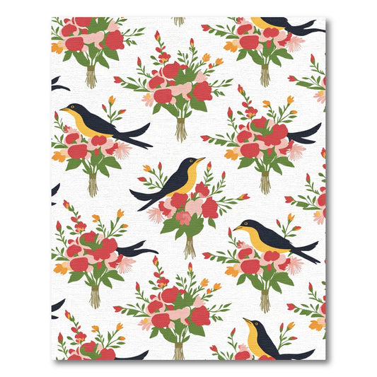 Charming Yellow Bird Red Floral Bouquet Rug
