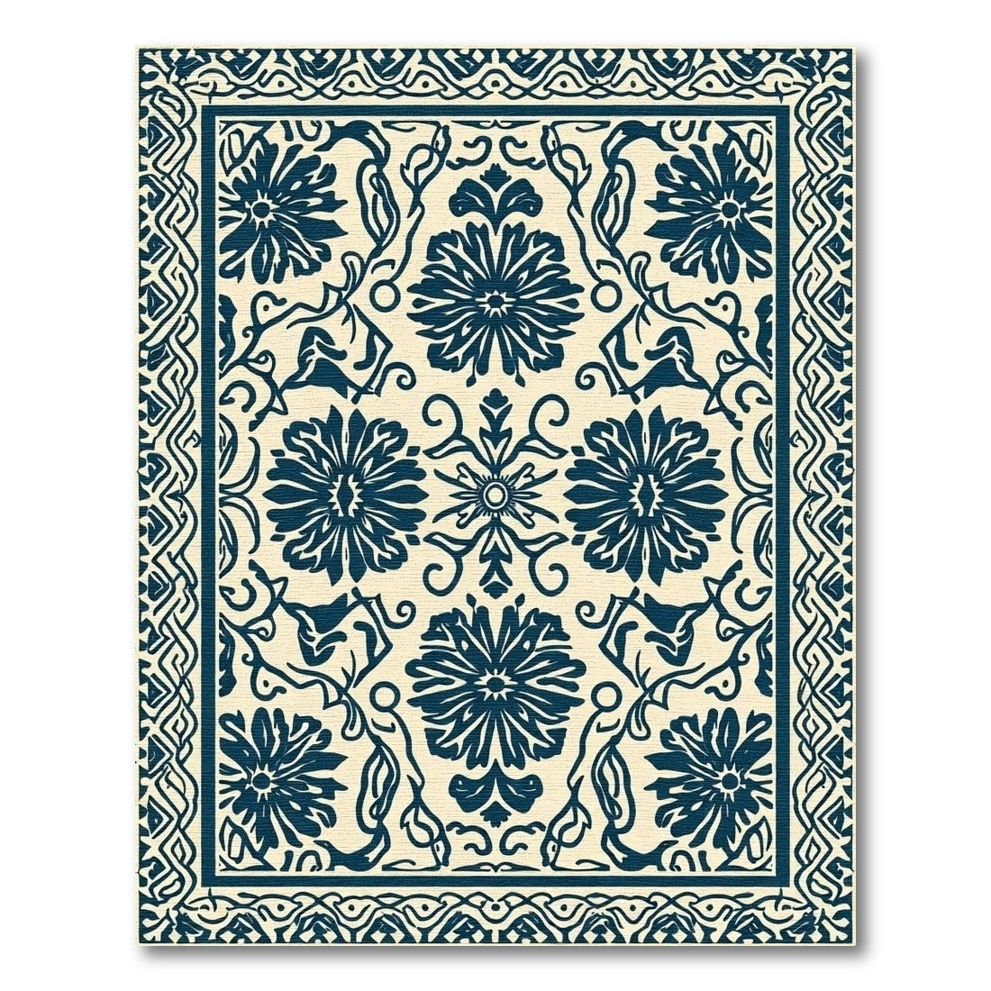 Navy Blue Floral Scroll Relief Rug