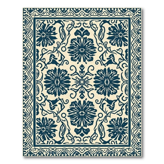 Navy Blue Floral Scroll Relief Rug