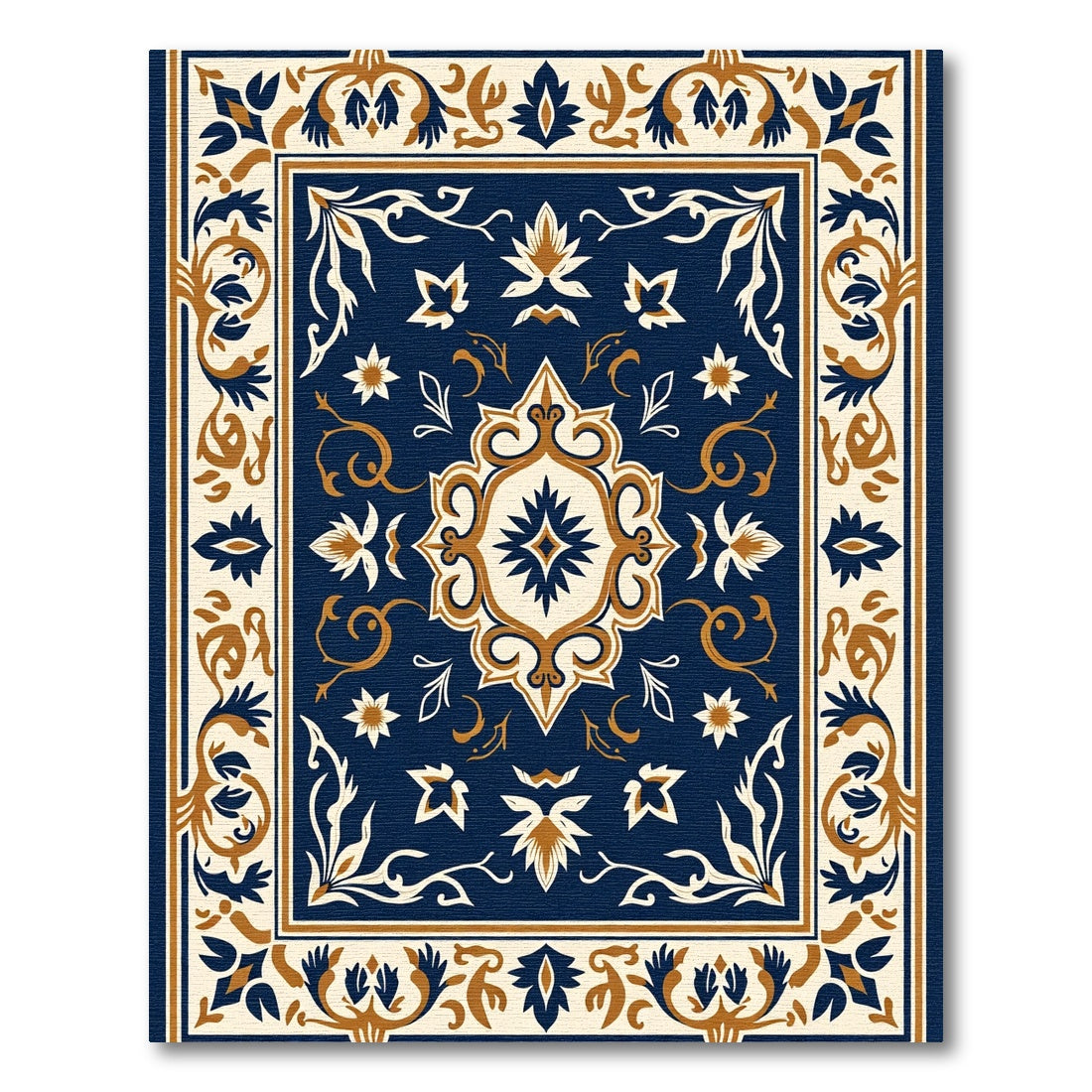 Deep Blue White Gold Medallion Floral Rug