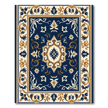 Deep Blue White Gold Medallion Floral Rug