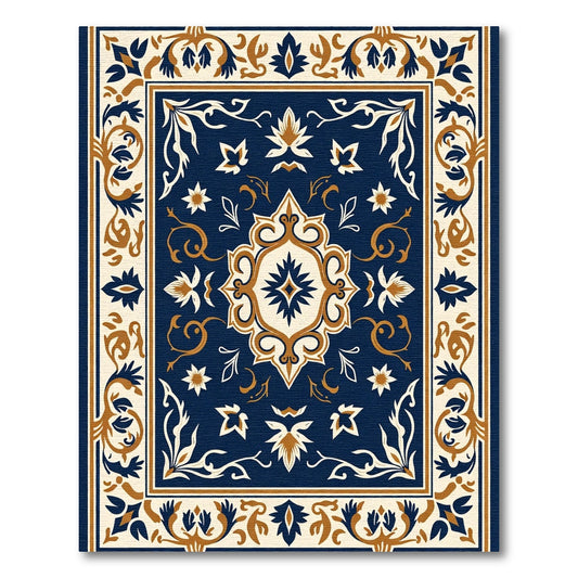 Deep Blue White Gold Medallion Floral Rug