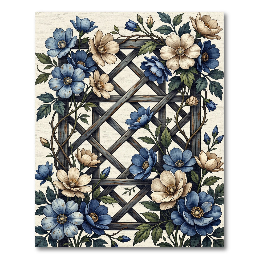 Blue Cream Floral Lattice Garden Rug