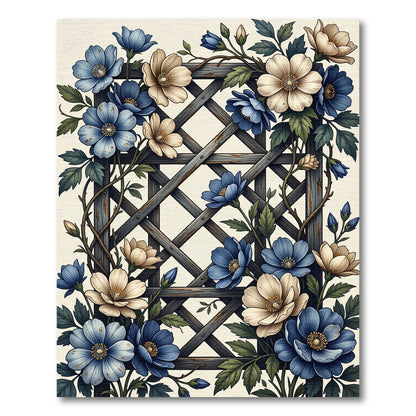 Blue Cream Floral Lattice Garden Rug