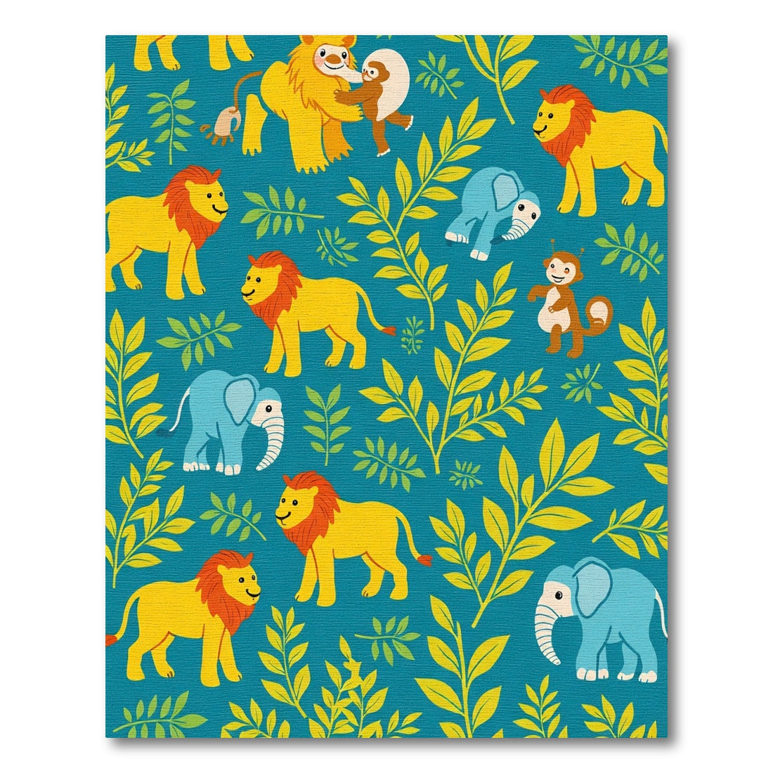 Whimsical Jungle Animals Teal Leaf Rug