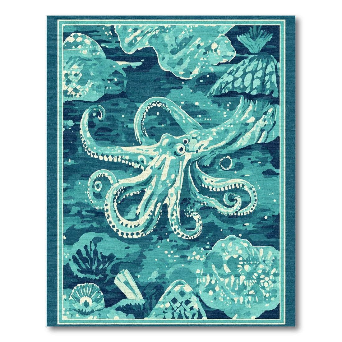 Aqua Octopus Undersea Coral Scene Rug