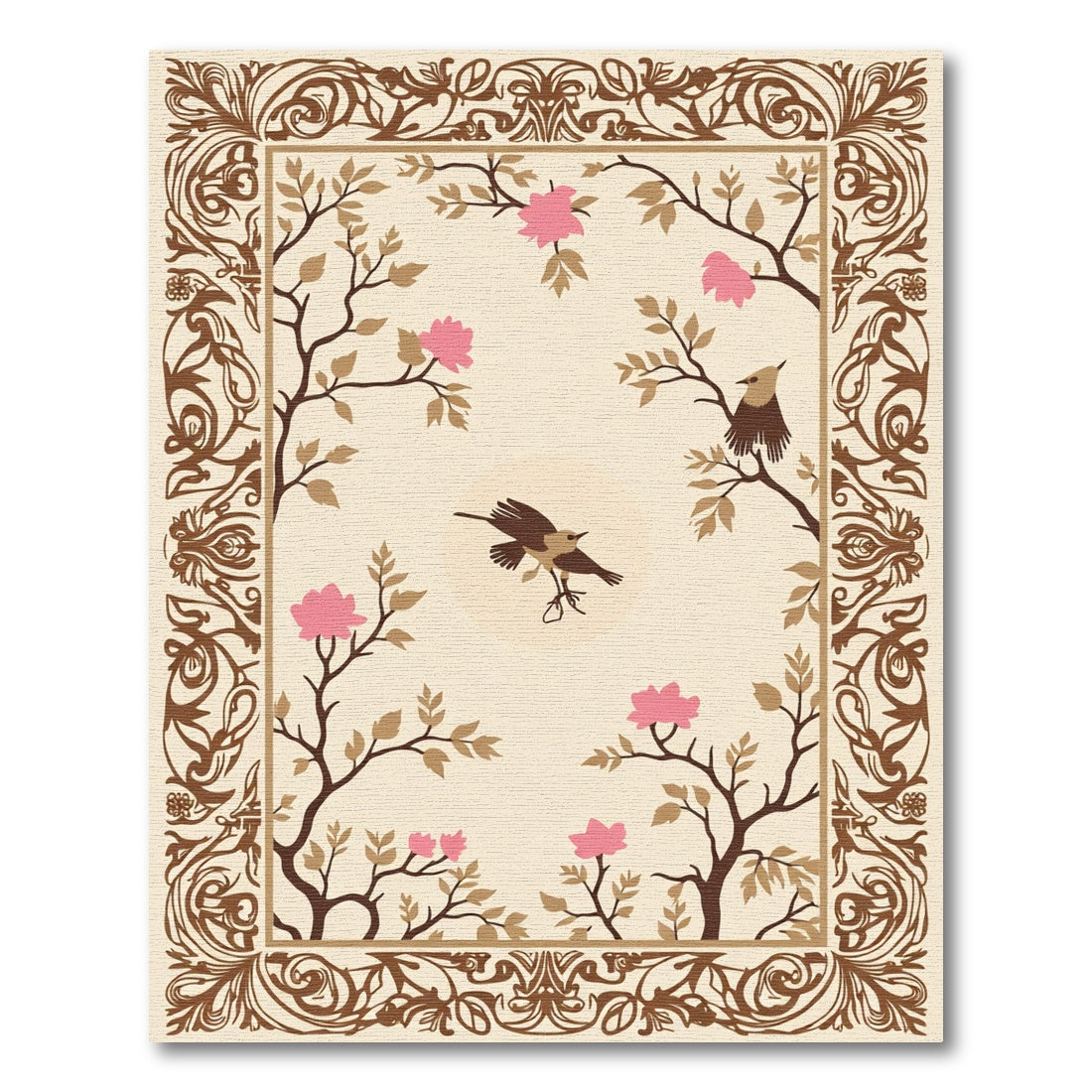 Brown Floral Birds Nature Inspired Rectangular Rug
