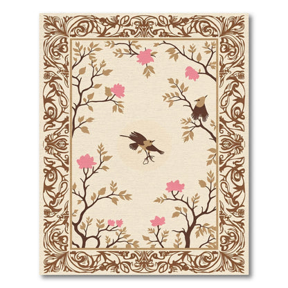Brown Floral Birds Nature Inspired Rectangular Rug
