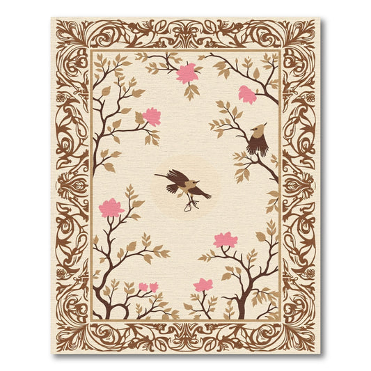 Brown Floral Birds Nature Inspired Rectangular Rug