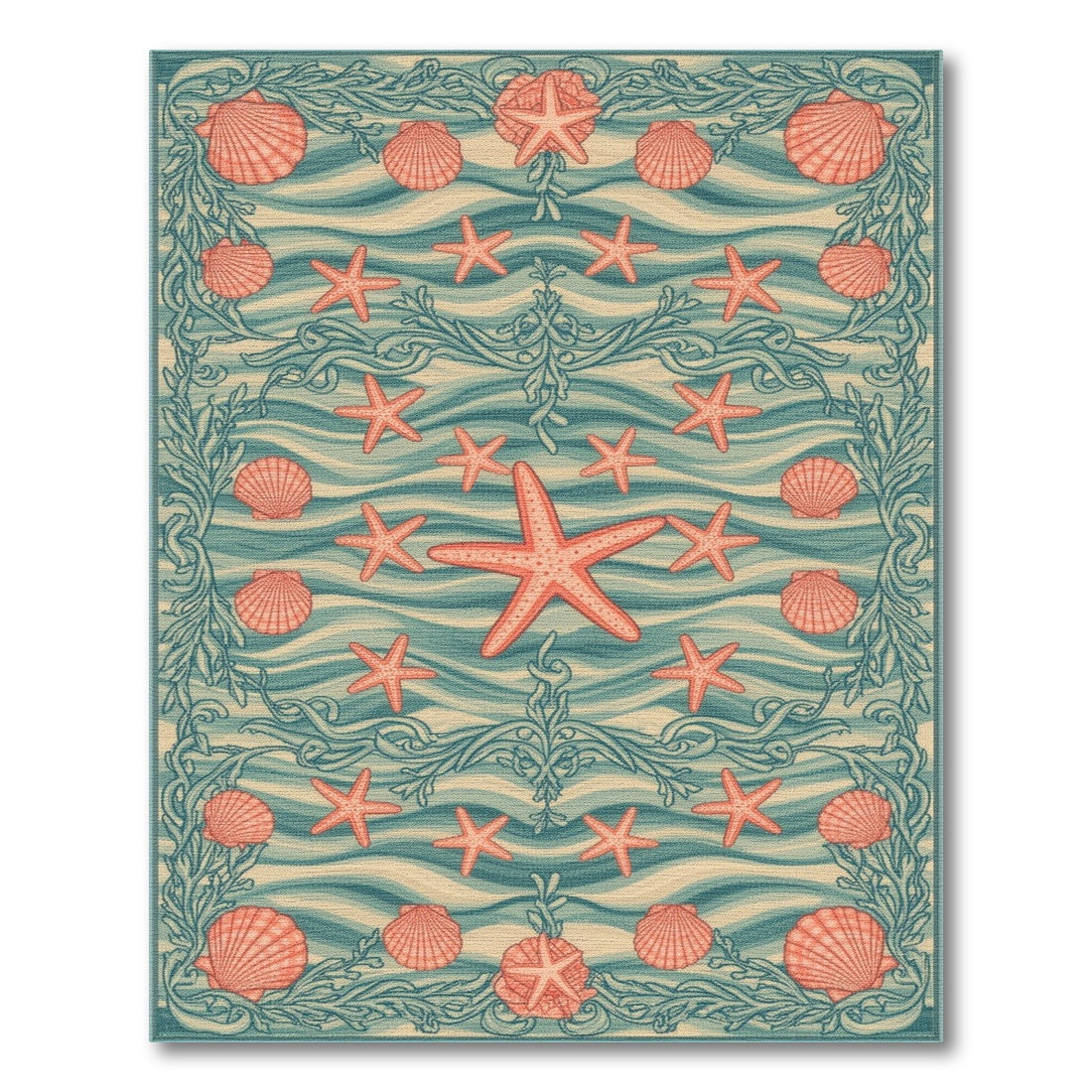 Teal Coastal Starfish and Seashell Area Rug