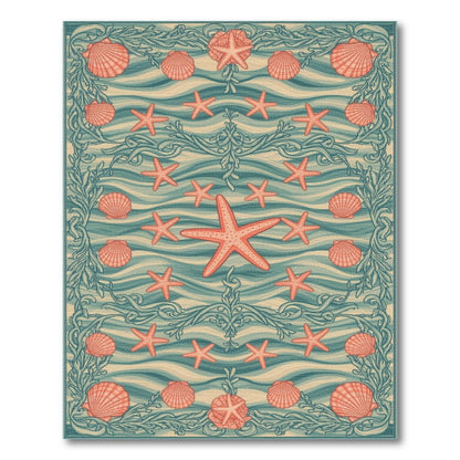 Teal Coastal Starfish and Seashell Area Rug