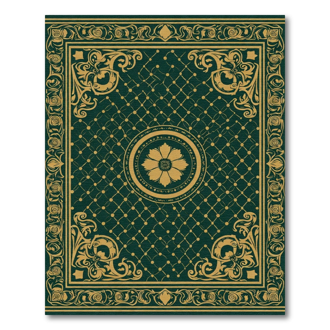 Emerald Green Golden Floral Medallion Rug