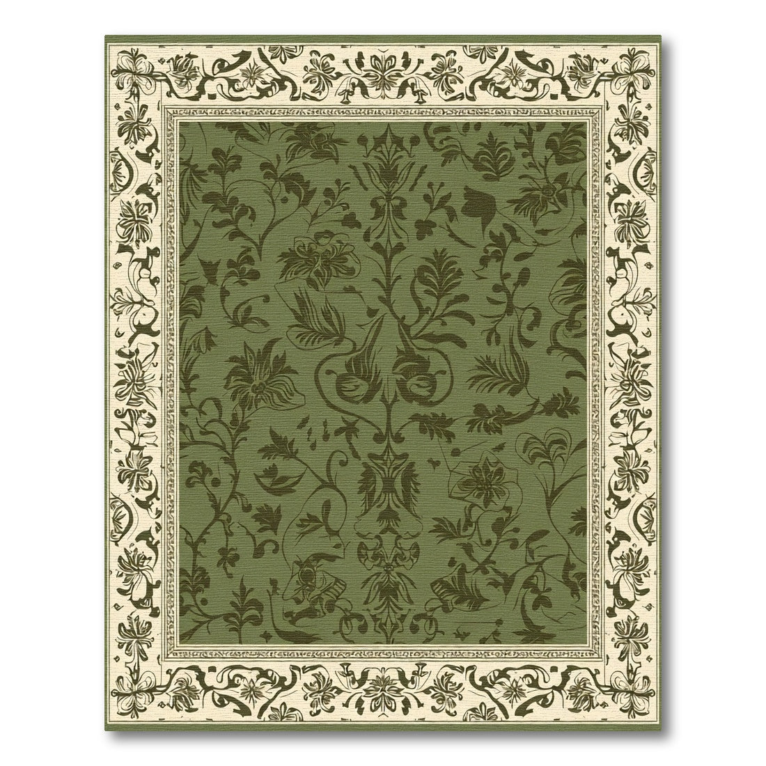 Olive Green Floral Botanic Border Rug