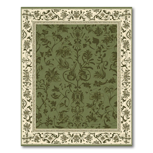 Olive Green Floral Botanic Border Rug