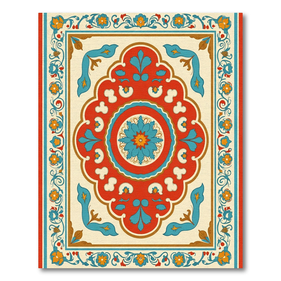 Scarlet Teal Floral Scrollwork Composition Rug