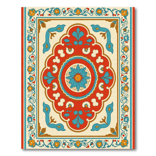 Scarlet Teal Floral Scrollwork Composition Rug
