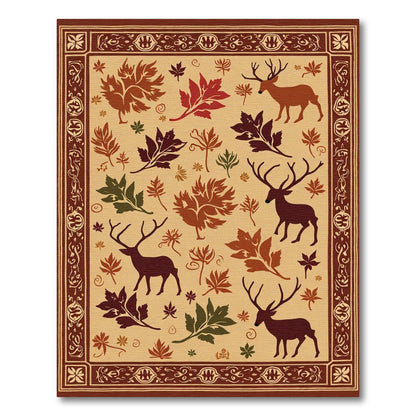 Autumn Deer Red Maple Leaf Arrangement Rug