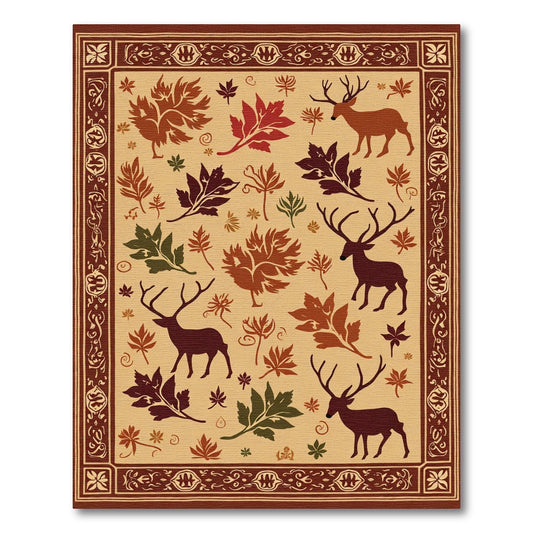 Autumn Deer Red Maple Leaf Arrangement Rug