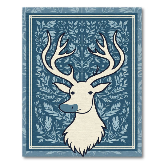 Cream Deer In Blue Foliage Motif Rug