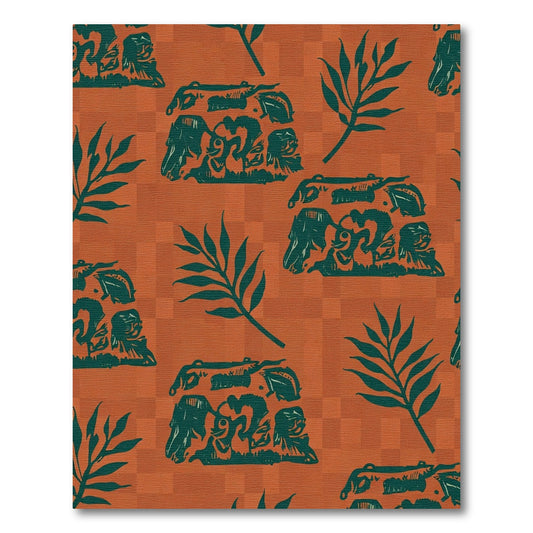 Terracotta Turquoise Figural Leaf Composition Rug