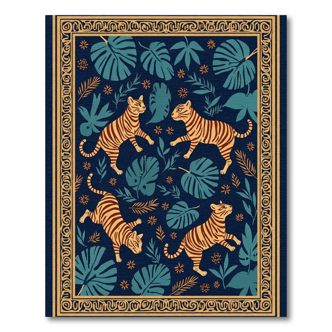 Golden Tigers Blue Jungle Border Rug