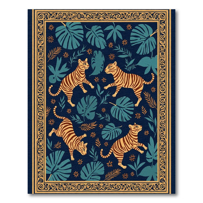 Golden Tigers Blue Jungle Border Rug