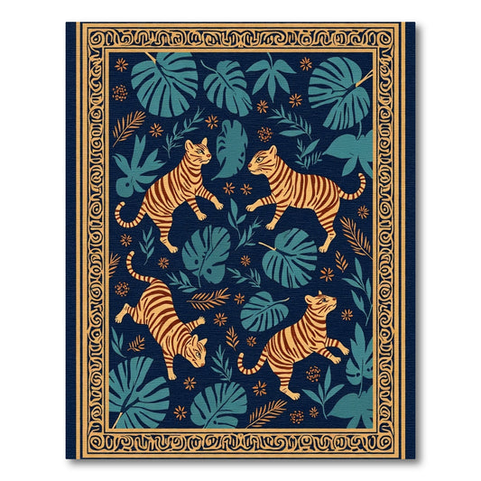 Golden Tigers Blue Jungle Border Rug