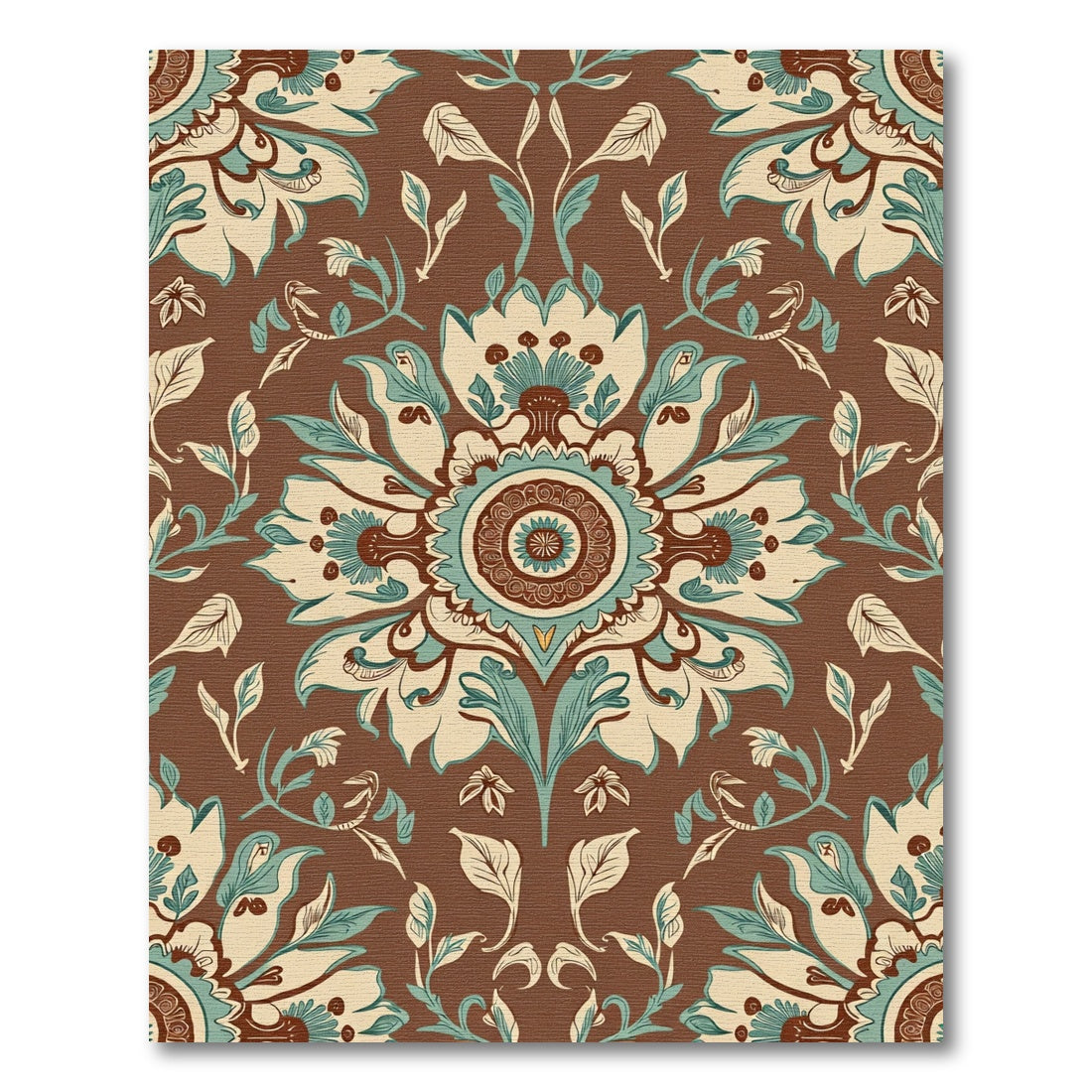 Brown Teal Cream Floral Medallion Rug