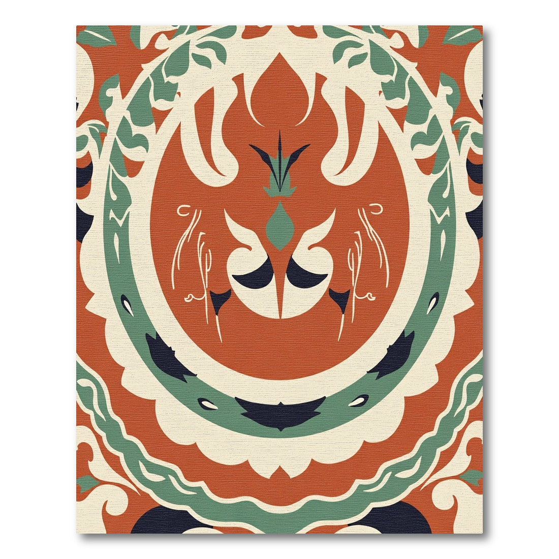 Terracotta Green Cream Folk Round Rug