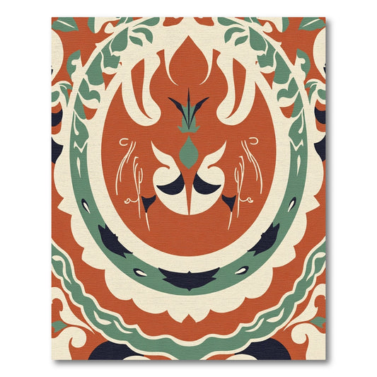 Terracotta Green Cream Folk Round Rug