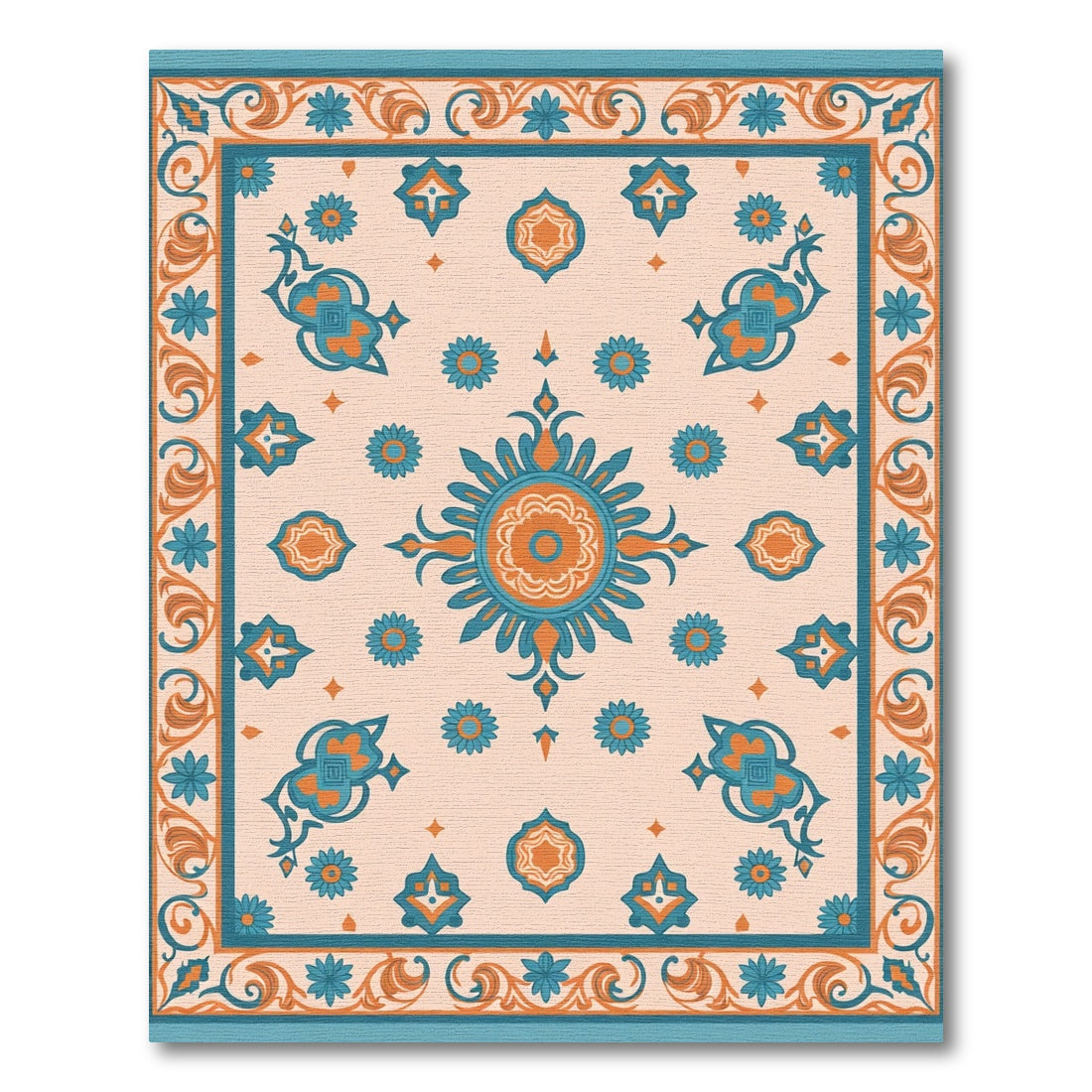 Teal Orange Floral Medallion Border Rug