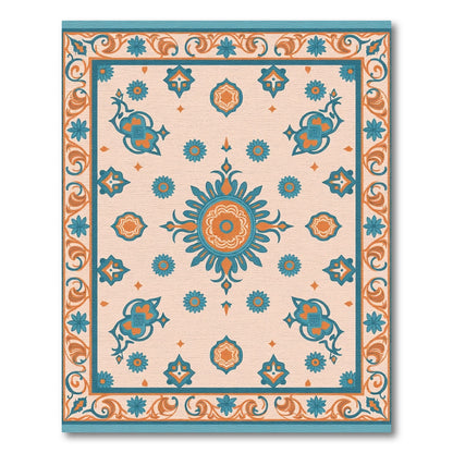 Teal Orange Floral Medallion Border Rug