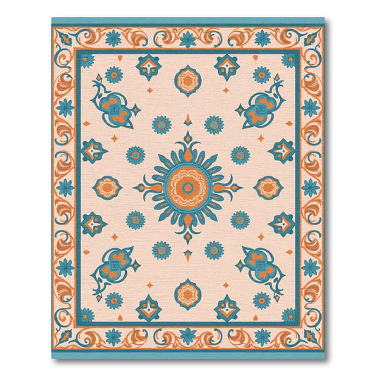 Teal Orange Floral Medallion Border Rug