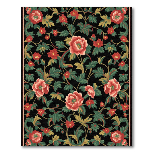 Crimson Floral Vine Botanical Black Rug