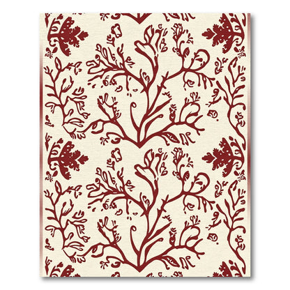 Deep Red Branching Botanical Pattern Rug
