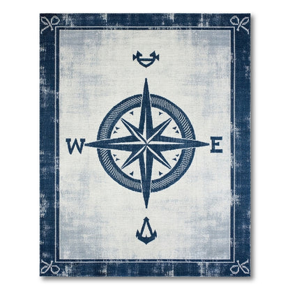 Blue Nautical Compass Washable Area Rug
