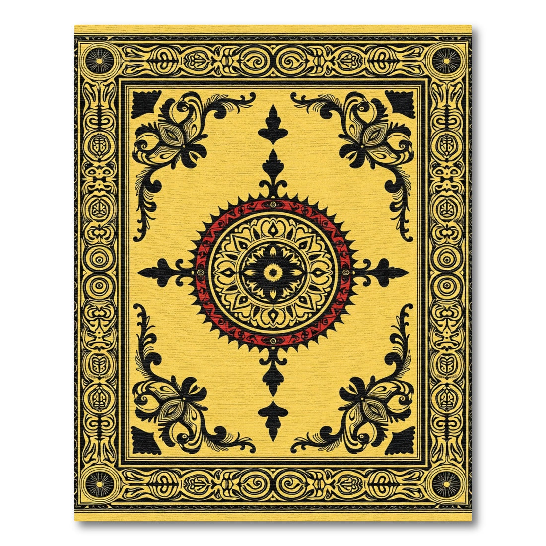 Vibrant Yellow Medallion Black Red Rug