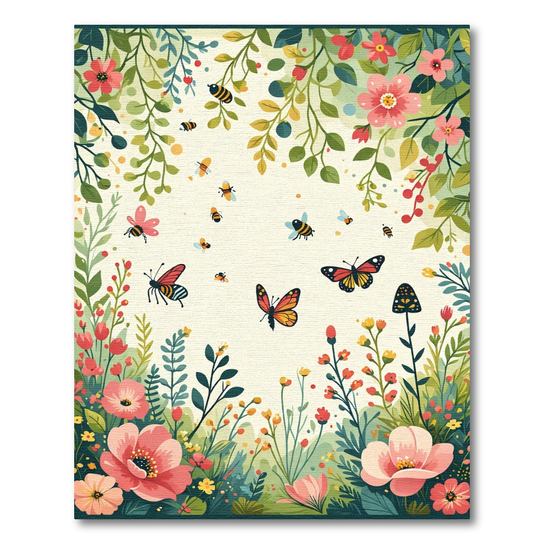 Whimsical Floral Butterfly Bee Garden Rug