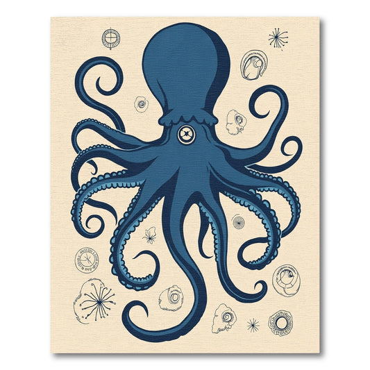 Deep Blue Octopus Nautical Collage Rug