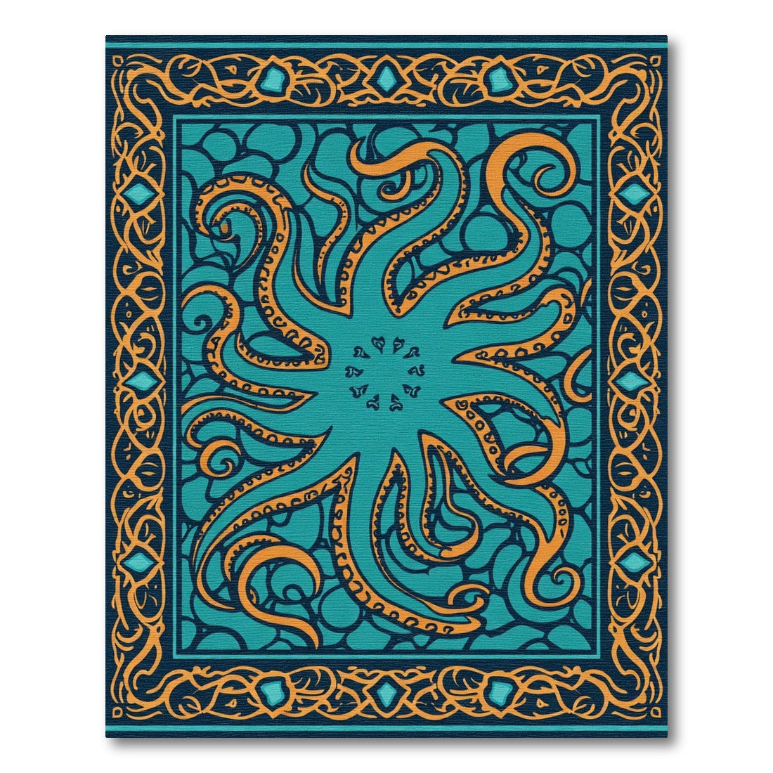 Teal Orange Octopus Tentacle Border Rug
