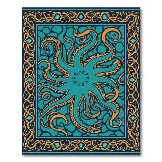 Teal Orange Octopus Tentacle Border Rug
