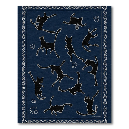 Playful Black Cats Navy Blue Border Rug